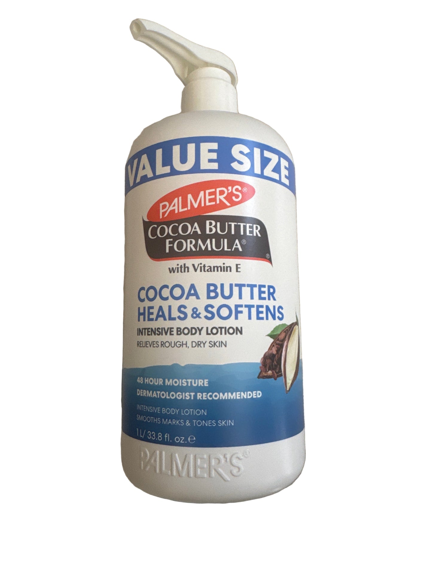 Moisturizing body lotion with cocoa butter and vitamin E in a pump bottle
