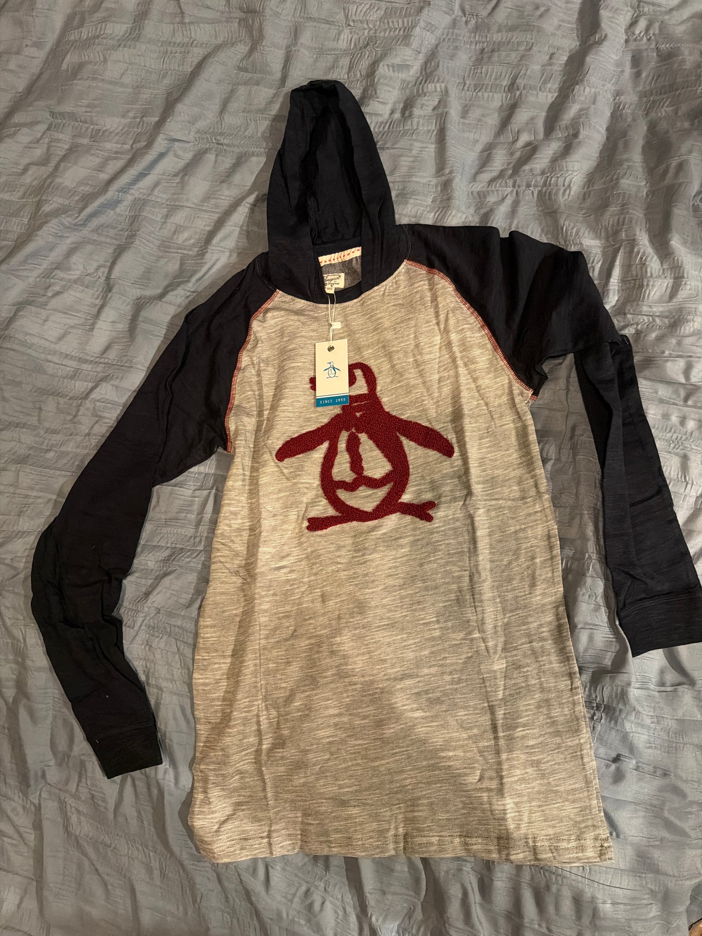 Original Penguin Boys 18Y Hooded Raglan Graphic Top Heather Gray Navy