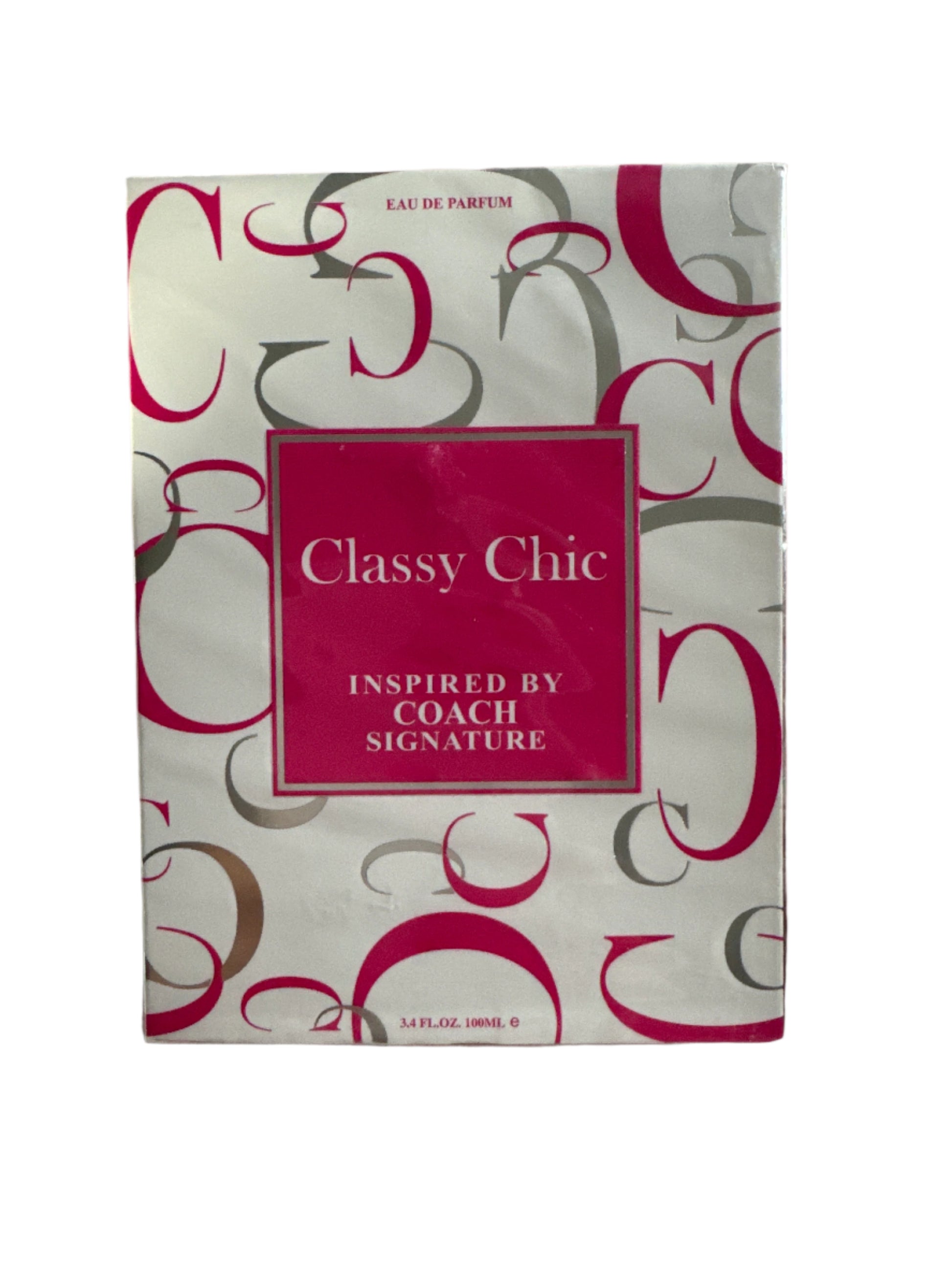 Classy Chic Eau de Parfum spray box with pink and white design, 3.4 fl oz fragrance inspired by Coach Signature