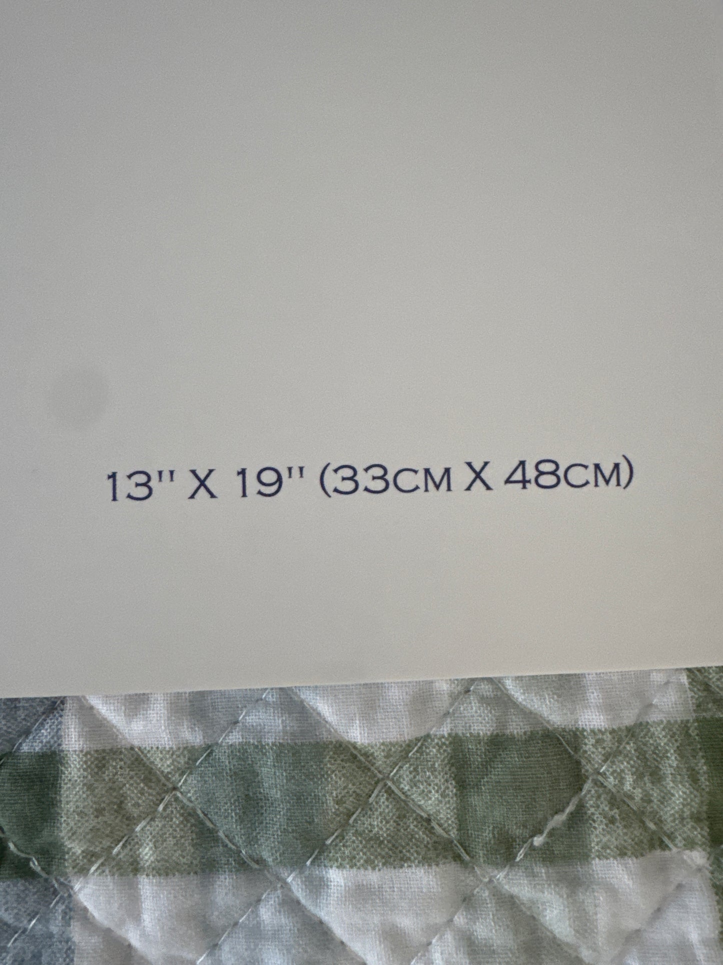 Close-up of the label showing the dimensions of the placemats: "13" X 19" (33CM X 48CM)" in purple text. The background shows a green and white plaid pattern on the placemats
