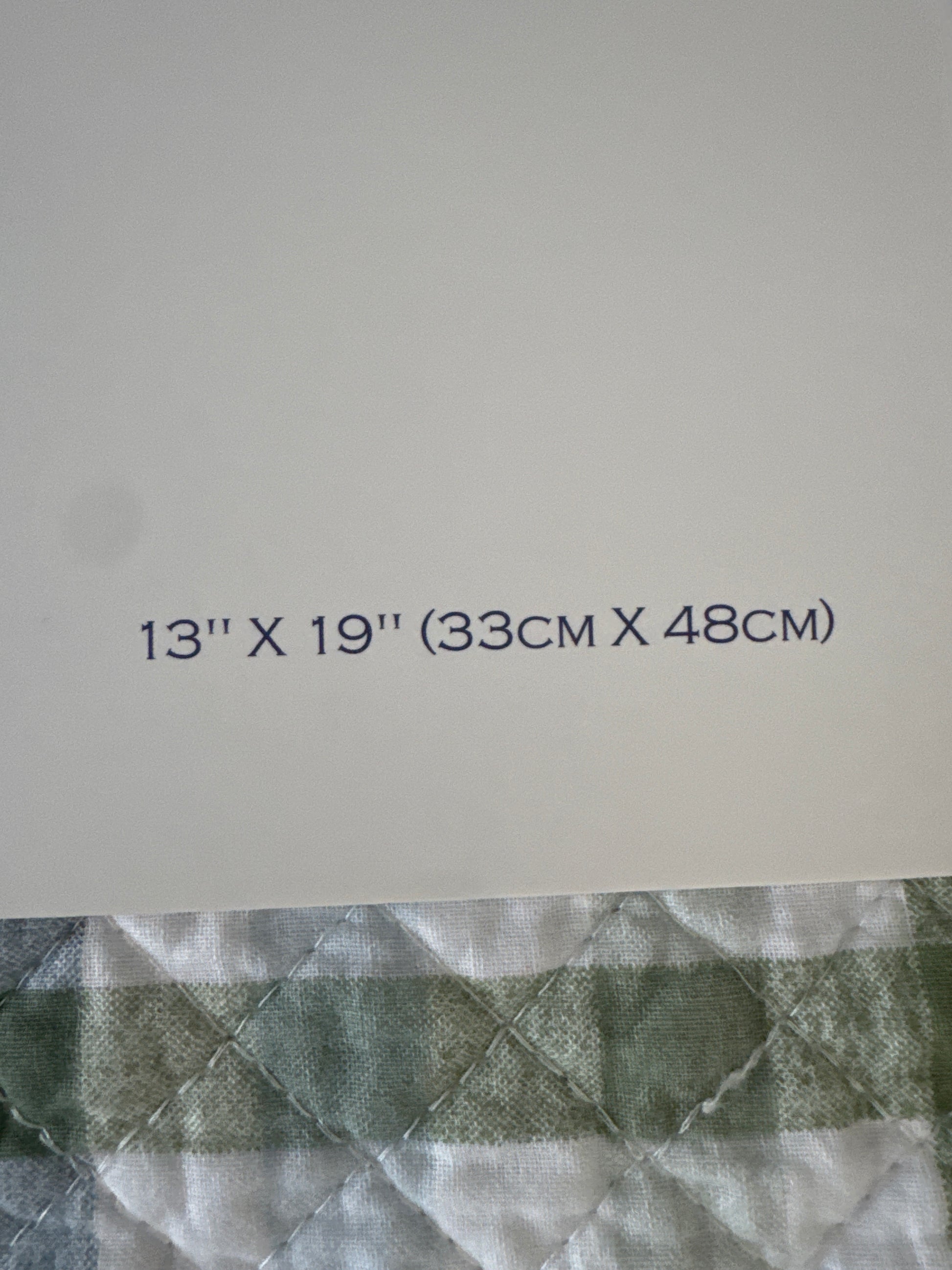 Close-up of the label showing the dimensions of the placemats: "13" X 19" (33CM X 48CM)" in purple text. The background shows a green and white plaid pattern on the placemats