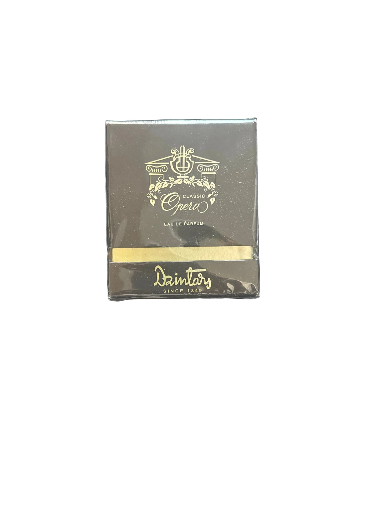 Boxed Opera eau de parfum 1.7 fl oz front view with dark packaging
Back of Opera perfume box showing ingredient list and size information
Opera eau de parfum packaging detail with gold accents