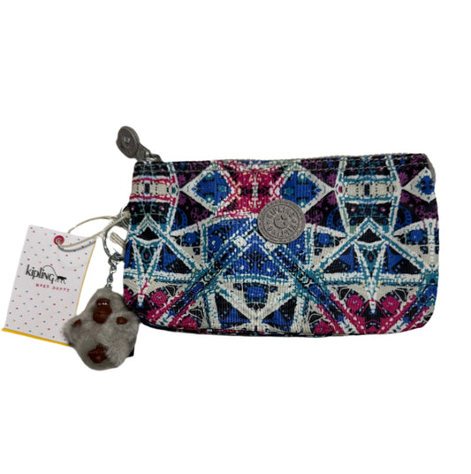 Kipling Creativity Large Pouch in Brightside Sky geometric print with triple zip compartments, compact 7″ × 4.25″ × 1″ size, lightweight water-resistant nylon, ideal for travel and everyday use.