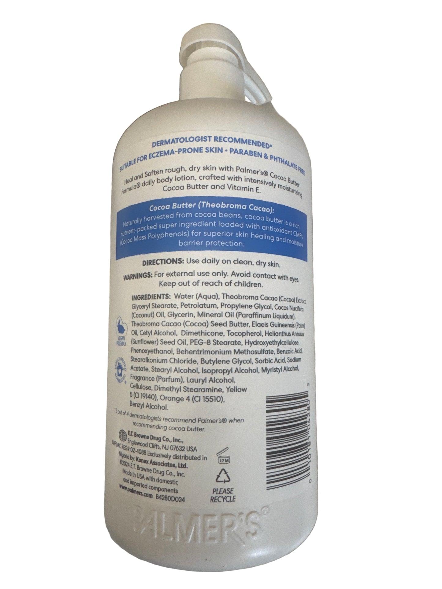 Moisturizing body lotion with cocoa butter and vitamin E in a pump bottle