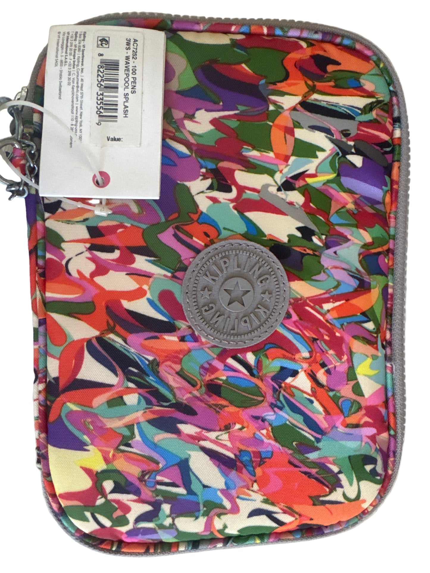 Multicolor zip-around nylon organizer case with interior elastic loops and charm.