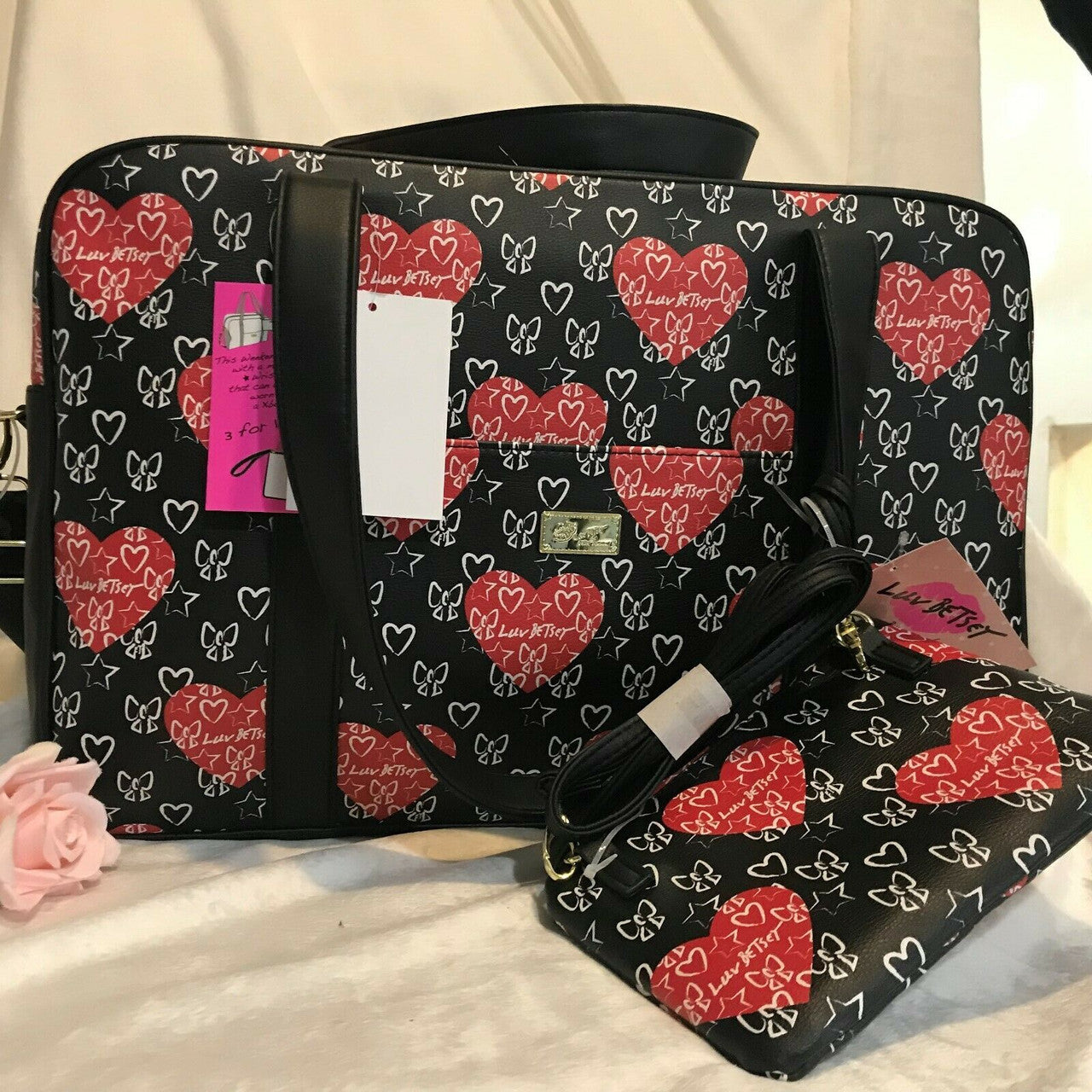 Red Hearts Bows 2pc Set Weekender Duffle Crossbody Bag