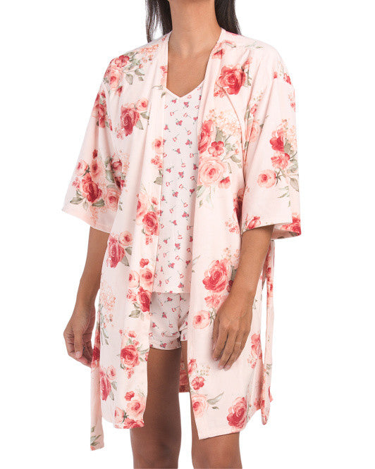 FLORA NIKROOZ 3pc Baby Velour Floral Robe With Camisole Set Size S