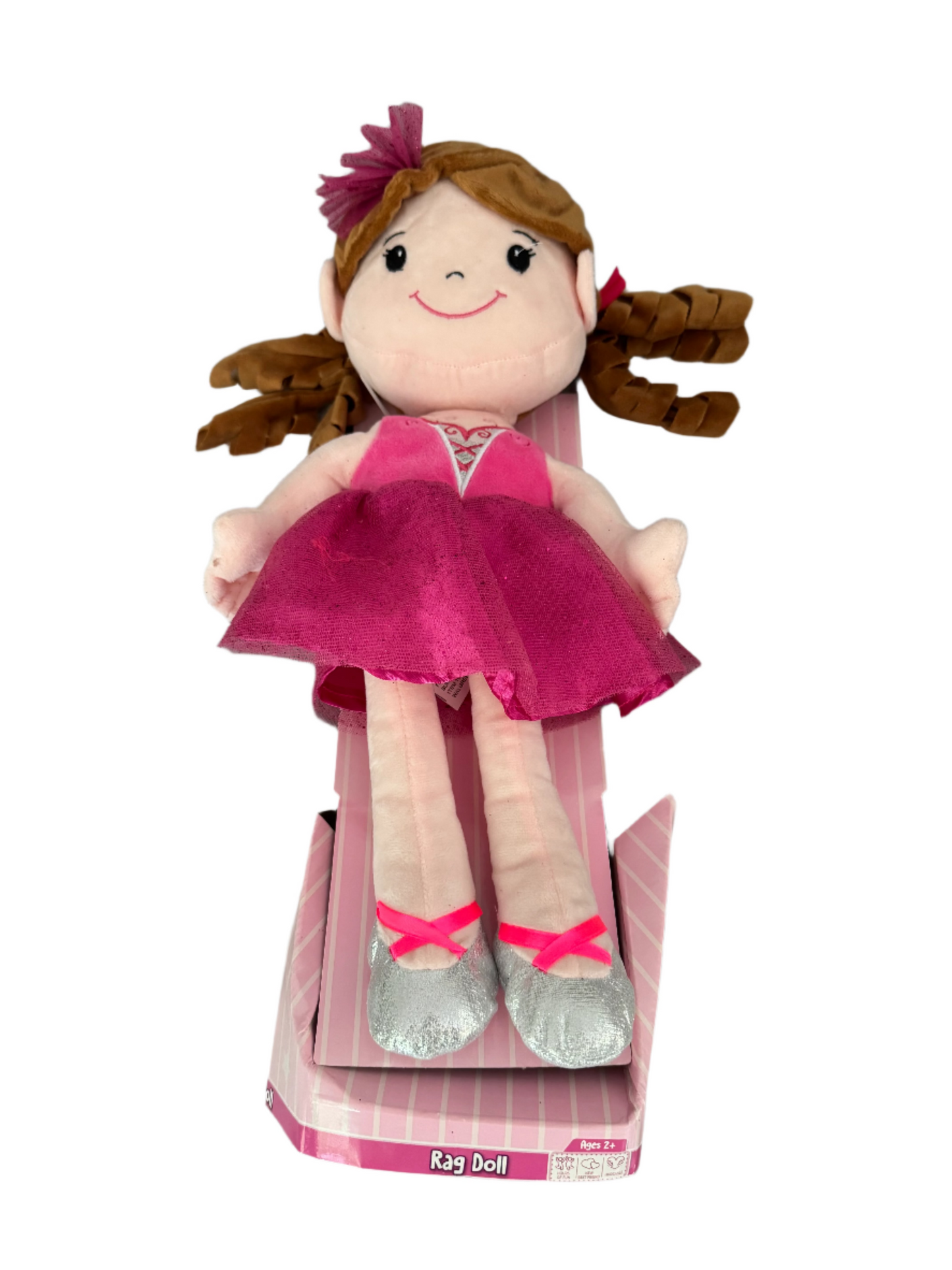 Soft plush girl doll in pink ballerina dress with silver shoes, displayed in standing position