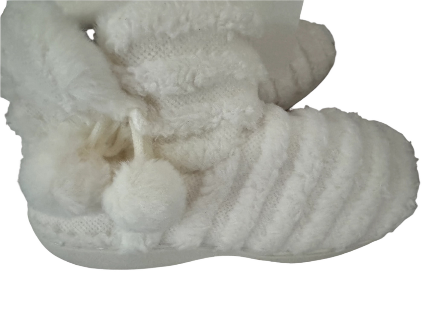 White plush bootie slippers with pom-poms in women’s XL (fits 9.5–10.5)