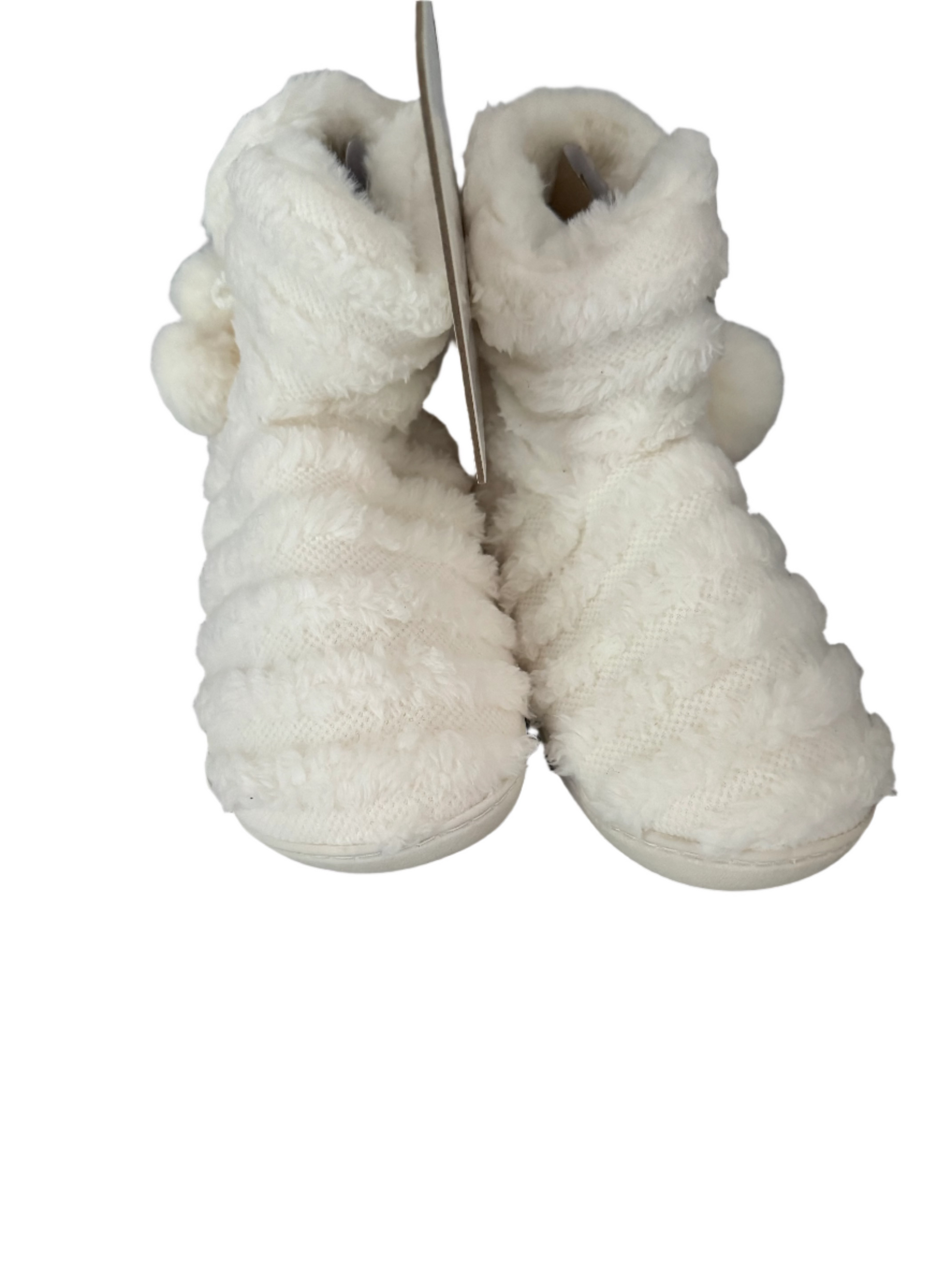 White plush bootie slippers with pom-poms in women’s XL (fits 9.5–10.5)