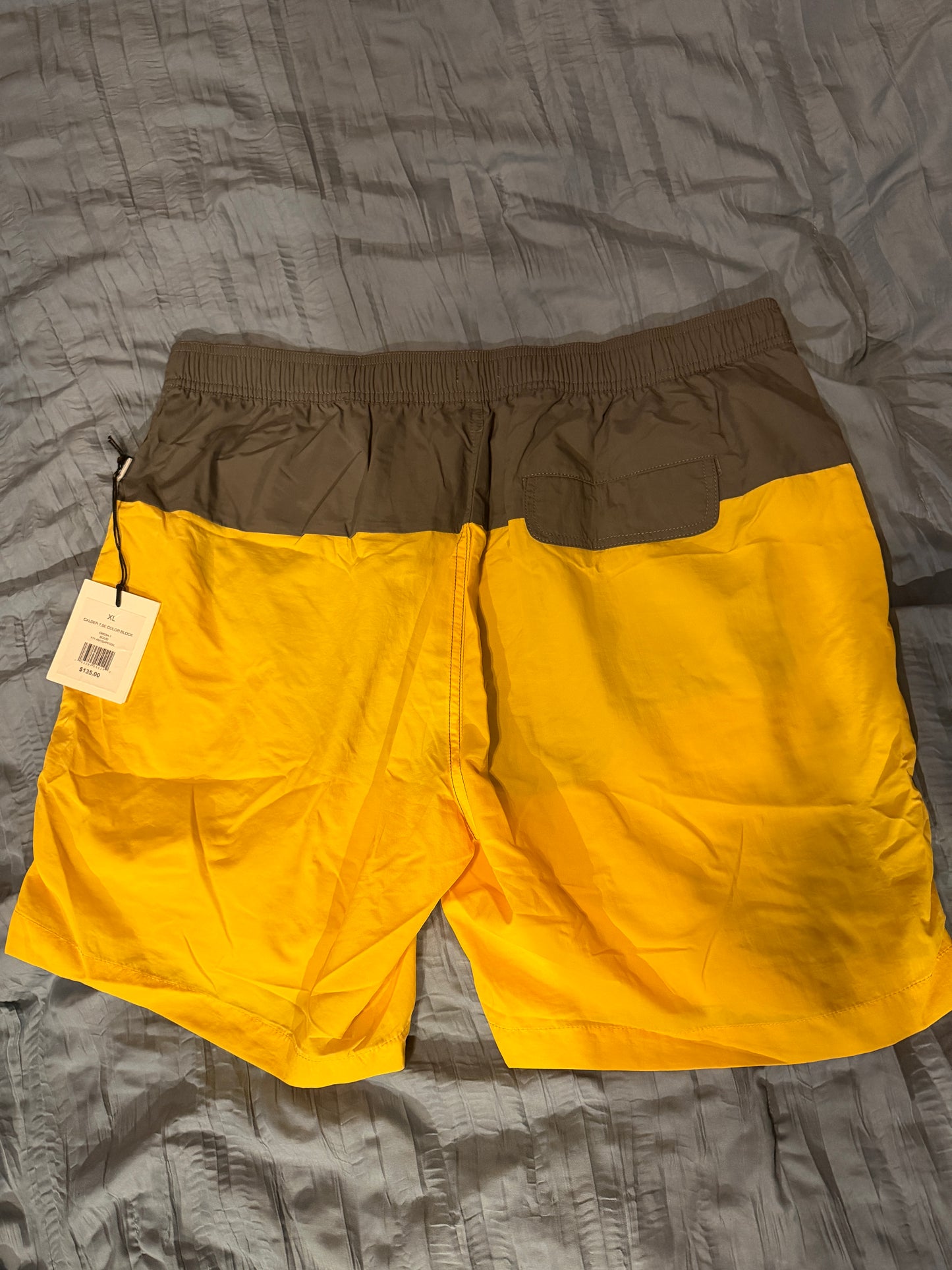 Onia Men’s Calder 7.5” Color Block Swim Trunks Daffodil Yellow Gray Size XL NWT