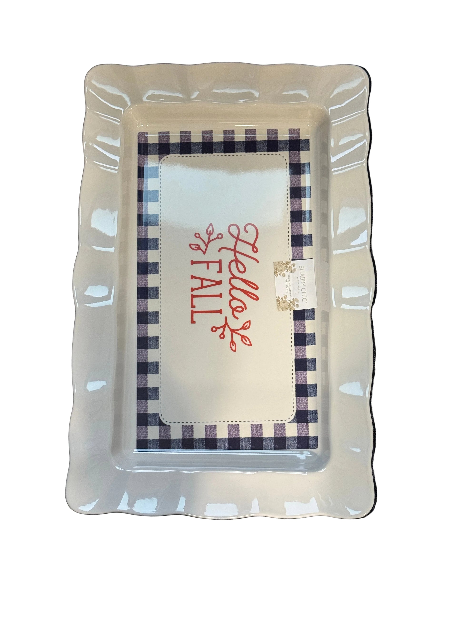 Shabby chic melamine serving tray with decorative center design, 22 by 14 inches.