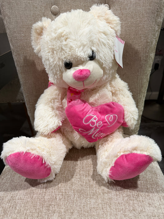 Cream Teddy Bear Plush with Pink “Be Mine” Heart