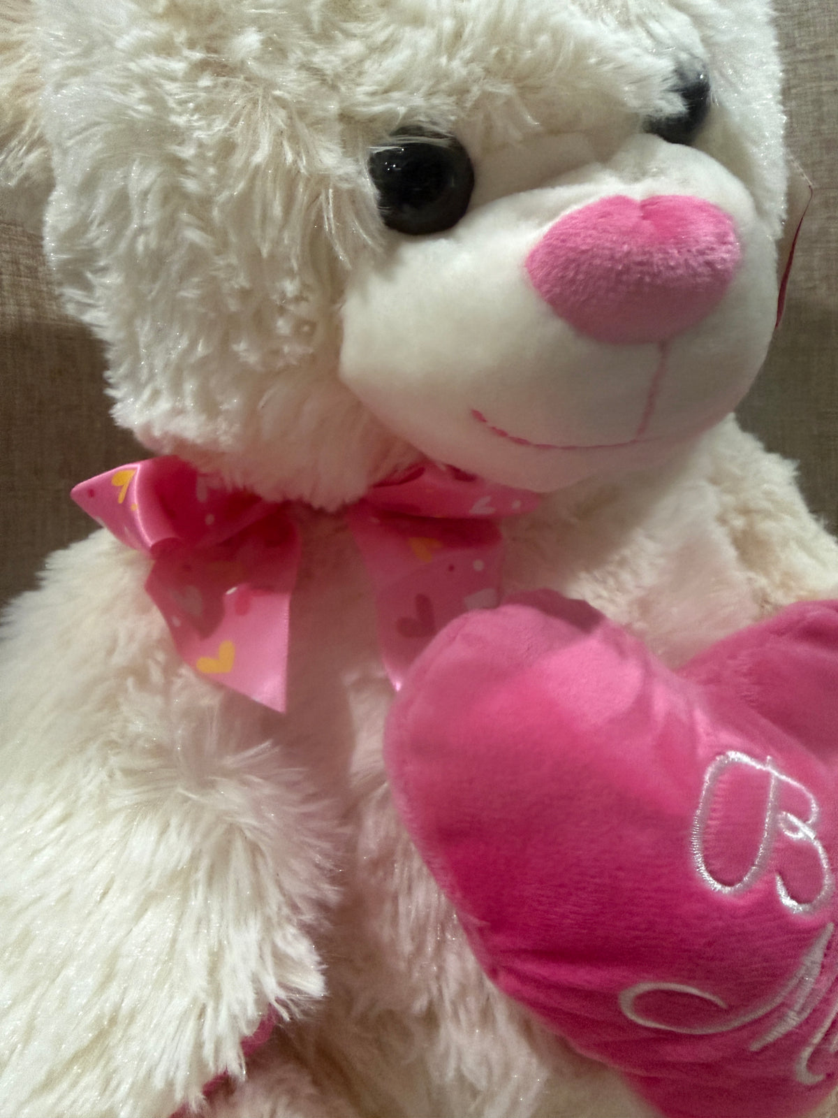 Cream Teddy Bear Plush with Pink “Be Mine” Heart