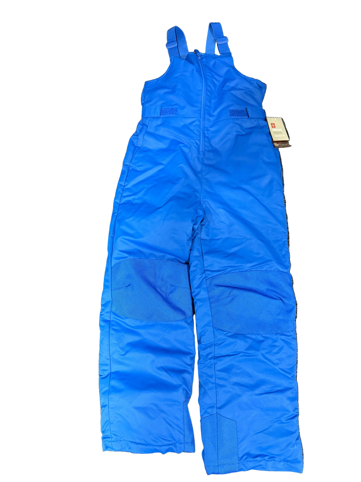 bright blue insulated snow bib pants . The bib has a front zipper, adjustable shoulder straps, and a small paper tag attached near the upper right side.