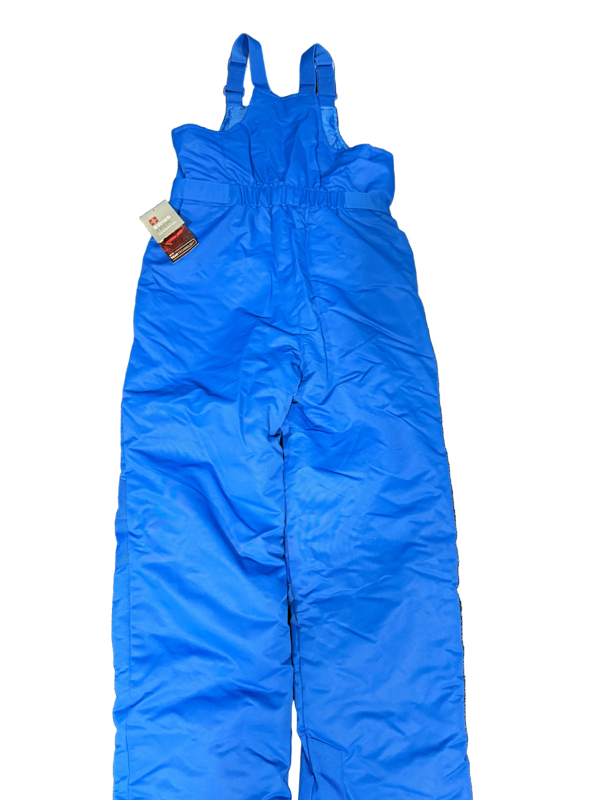 A bright blue insulated snow bib laid flat 
