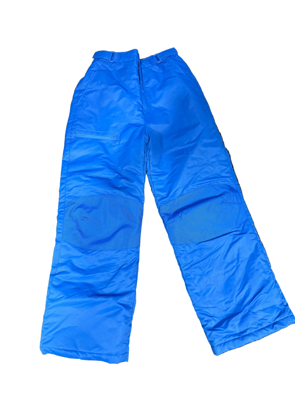 Bright blue snow pants laid flat 
