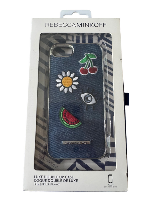 iPhone 7 denim phone case with embroidered watermelon, daisy, cherries, and eye design in original Luxe Double Up packaging.