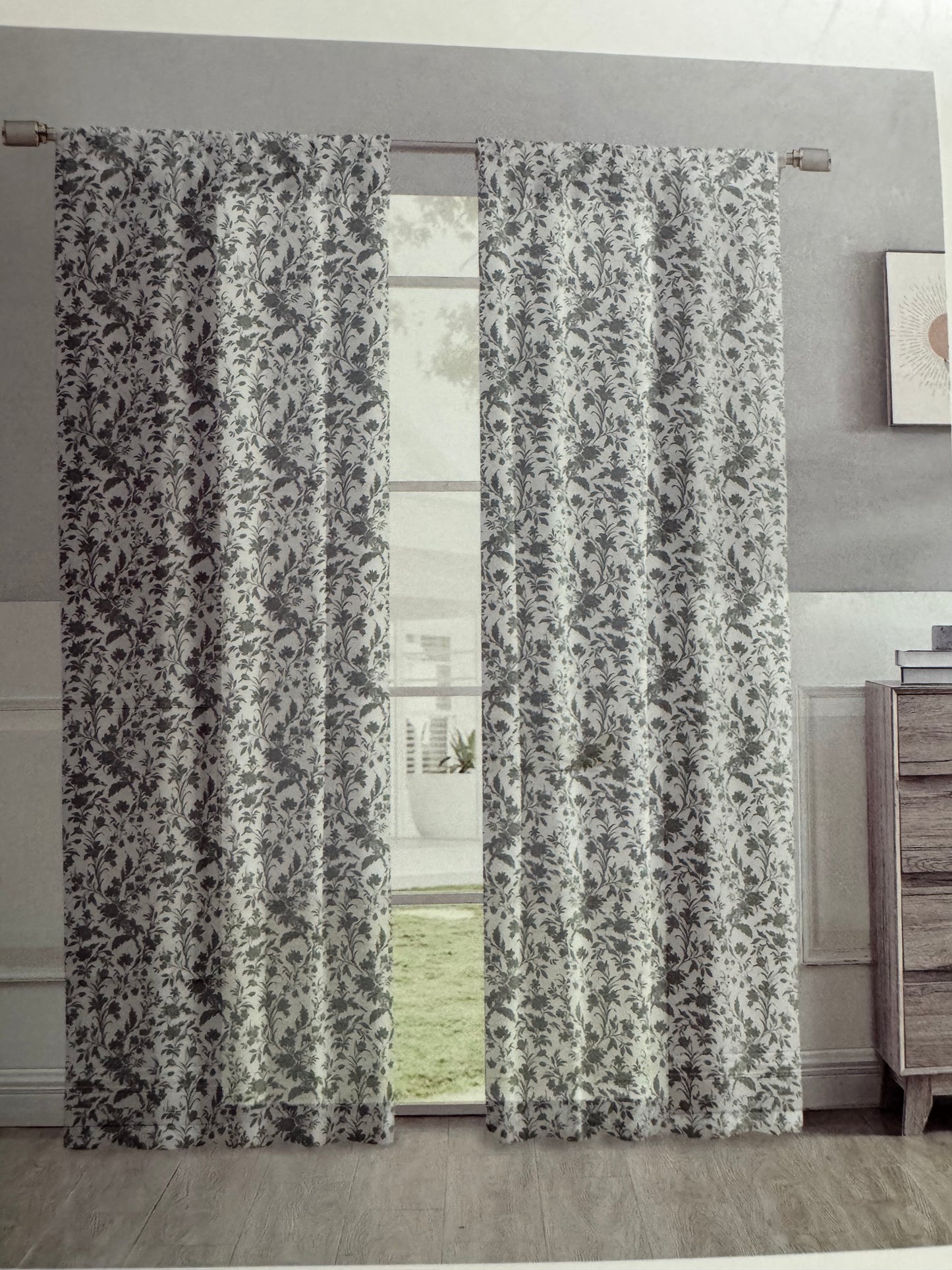 Set of 2 green floral sheer curtain panels by Laura Ashley, 38x84 with rod pocket
