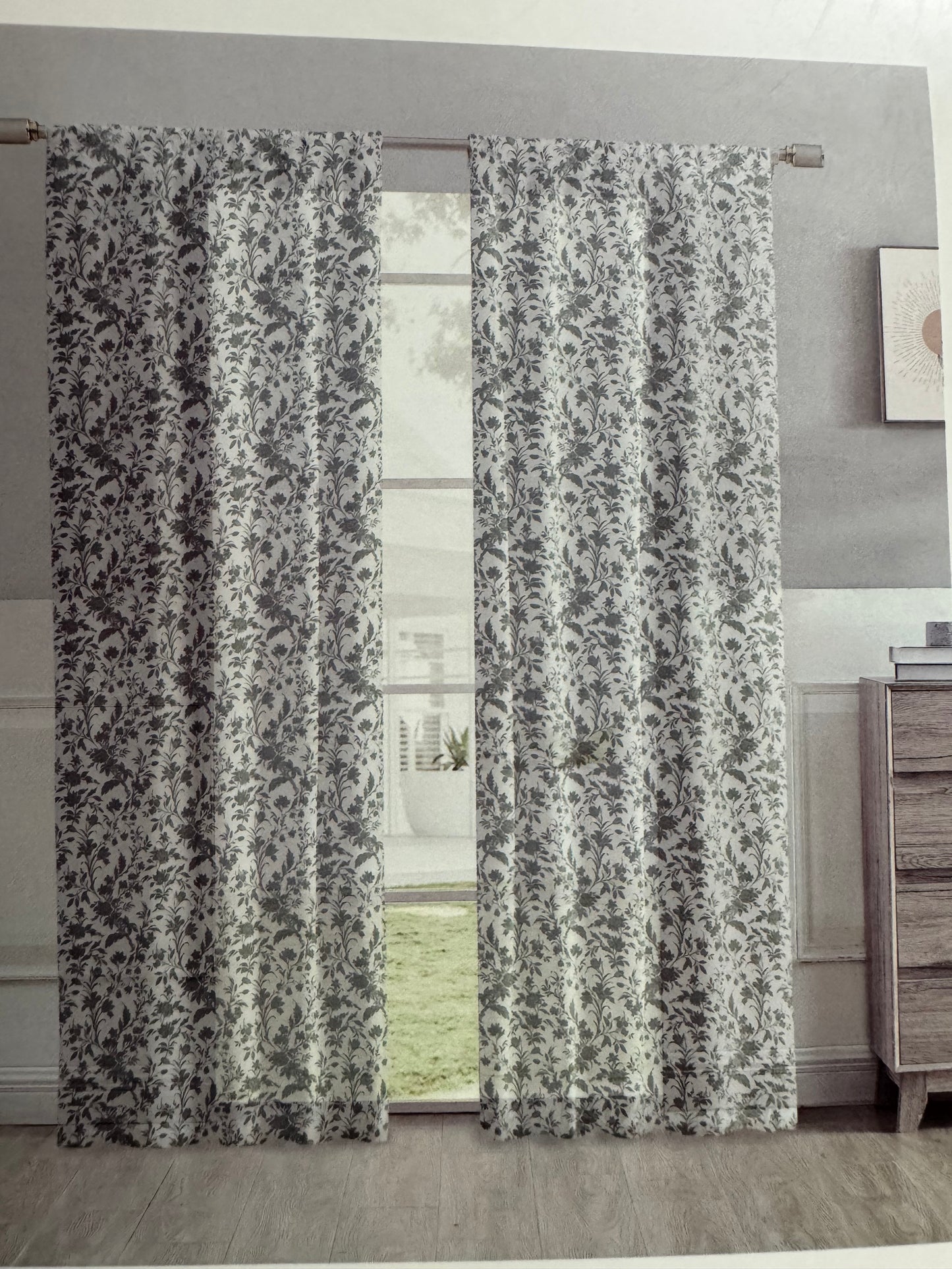 Set of 2 green floral sheer curtain panels by Laura Ashley, 38x84 with rod pocket
