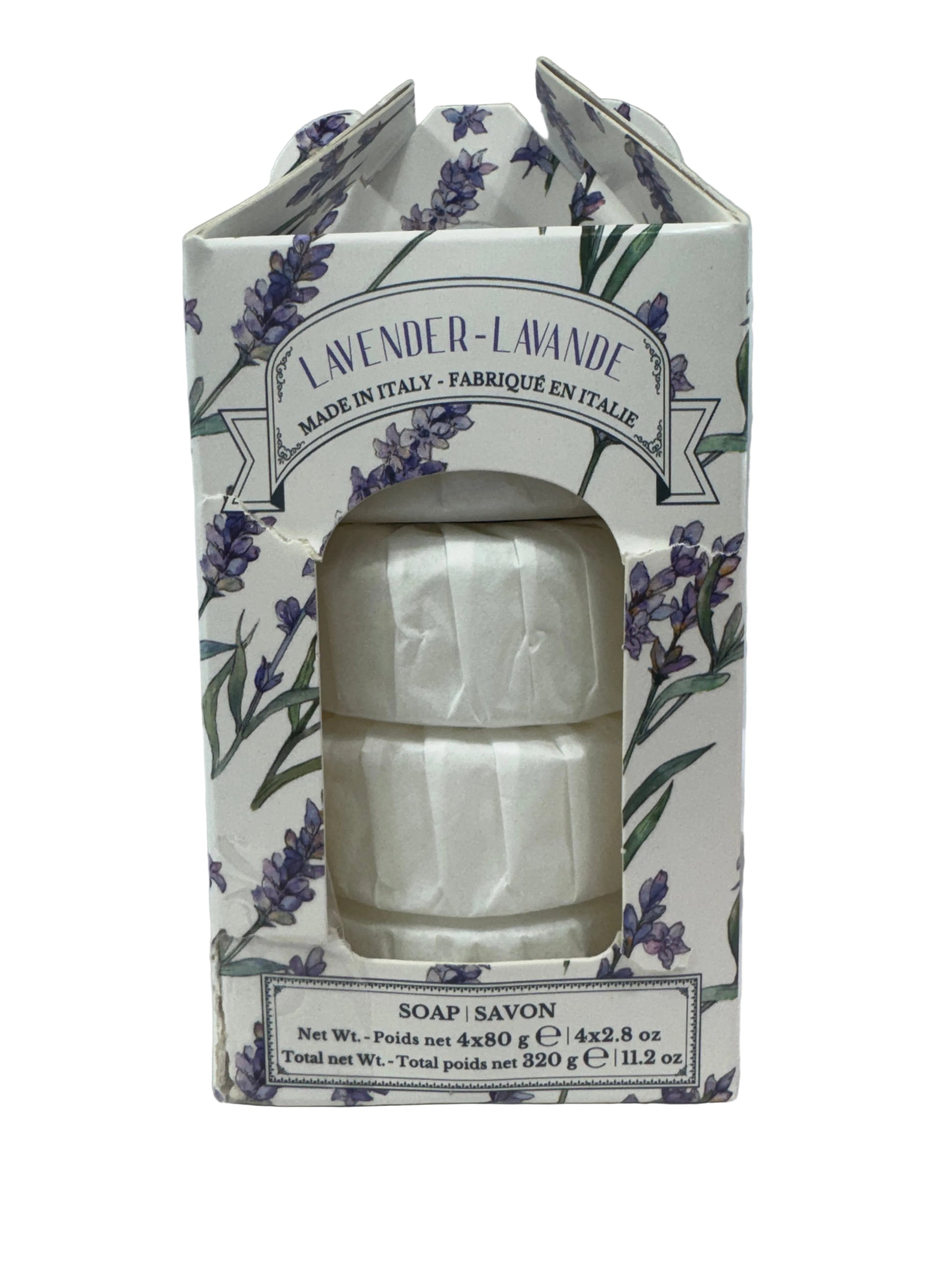Bar of soap in a decorative box with lavender design on a light background
