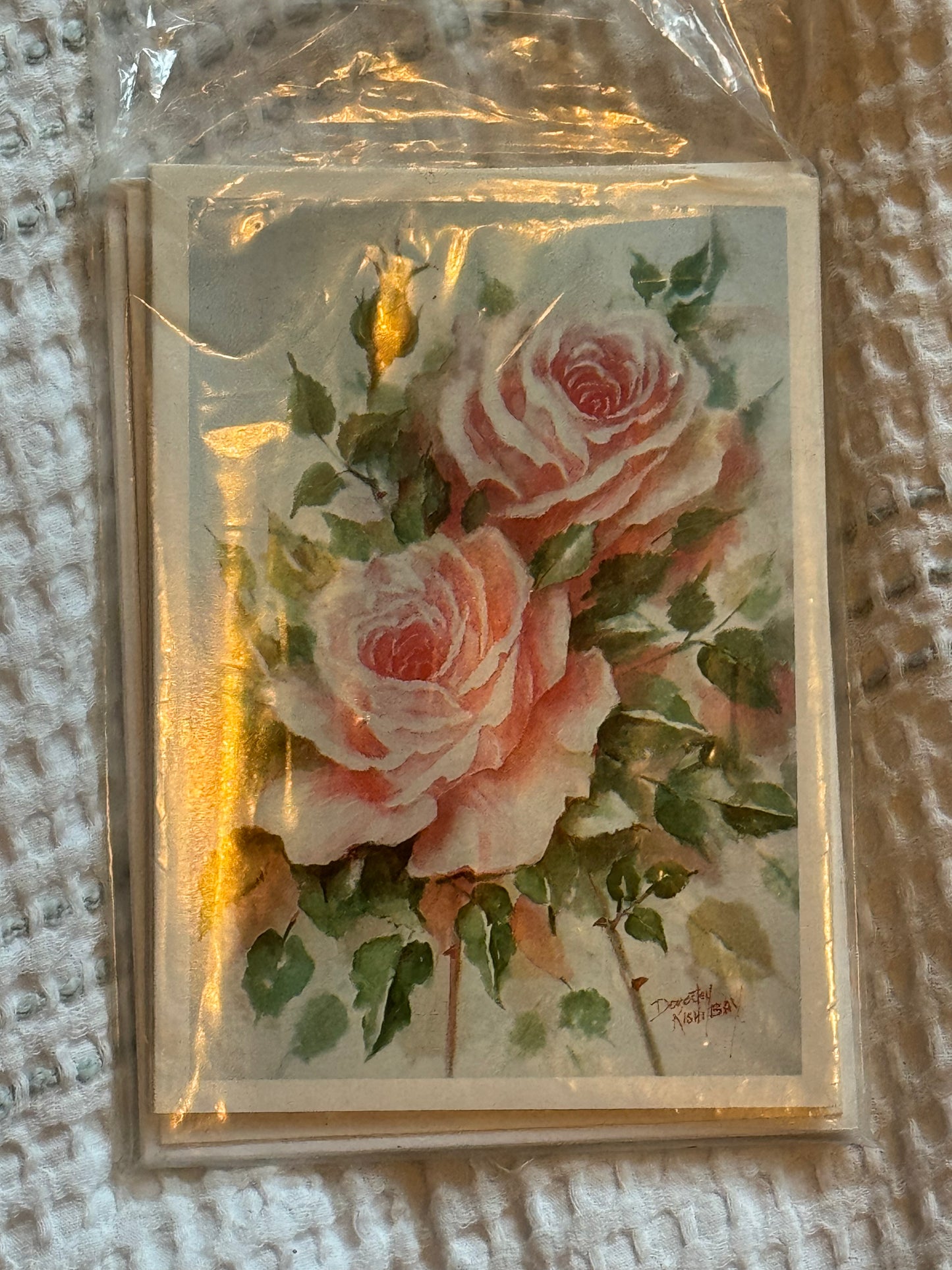 Pink Blush note card set with 5 blank floral rose-themed cards and matching envelopes in clear packaging.