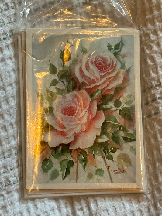 Pink Blush note card set with 5 blank floral rose-themed cards and matching envelopes in clear packaging.