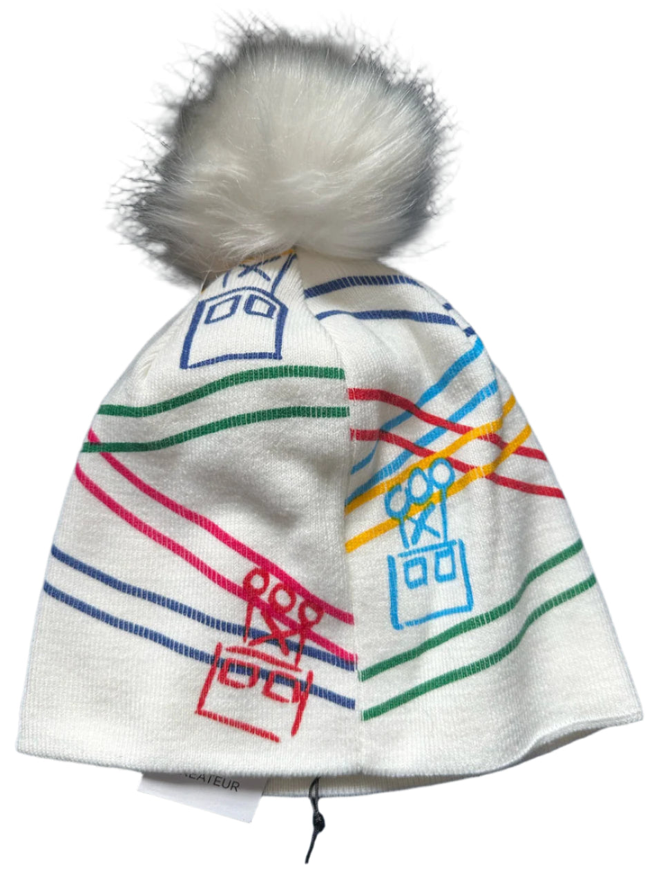 White beanie with multicolor gondola print and white faux-fur pom.