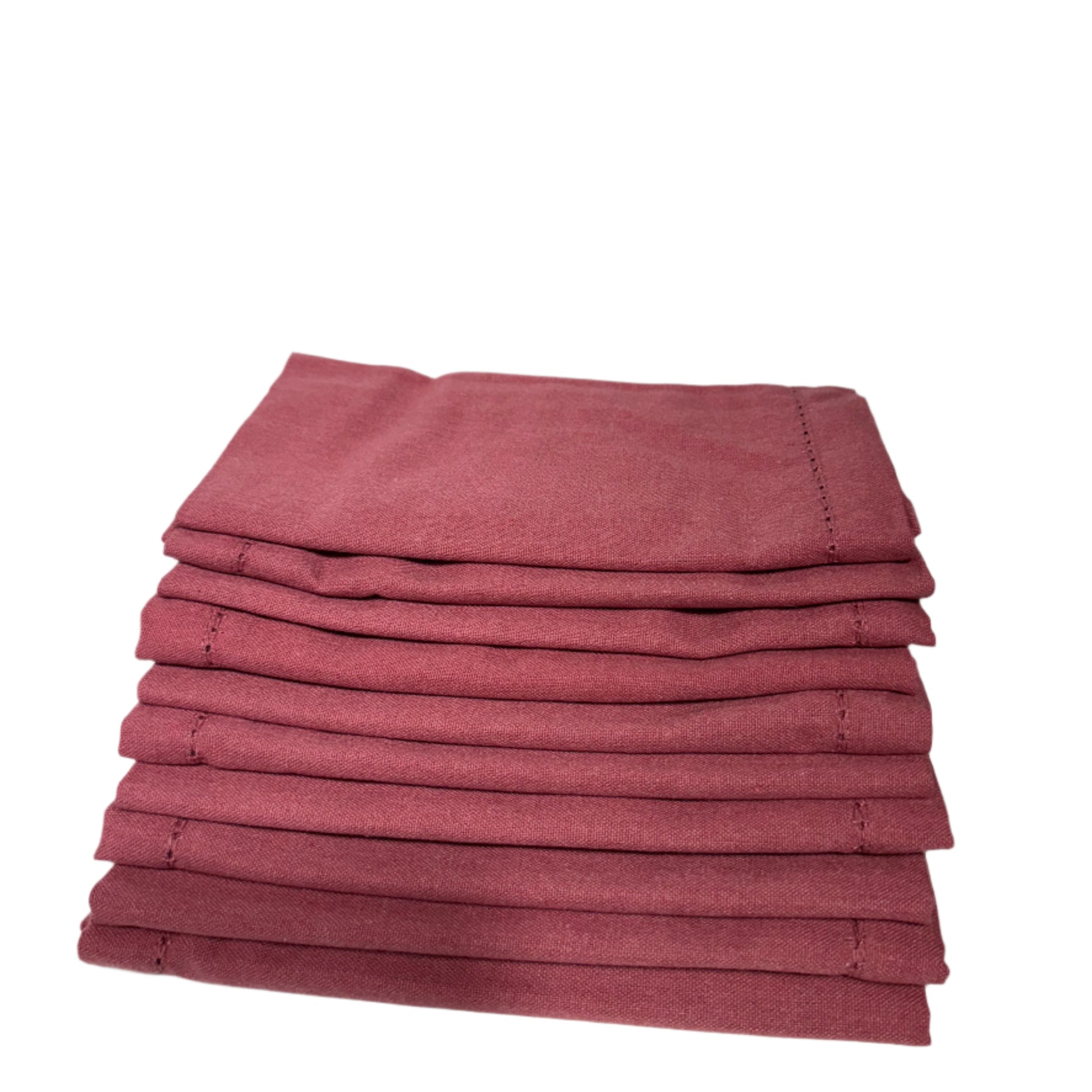 A neatly stacked set of 8 pre-folded cotton napkins in a rich burgundy color, showcasing clean edges and fine stitching for an elegant presentation
