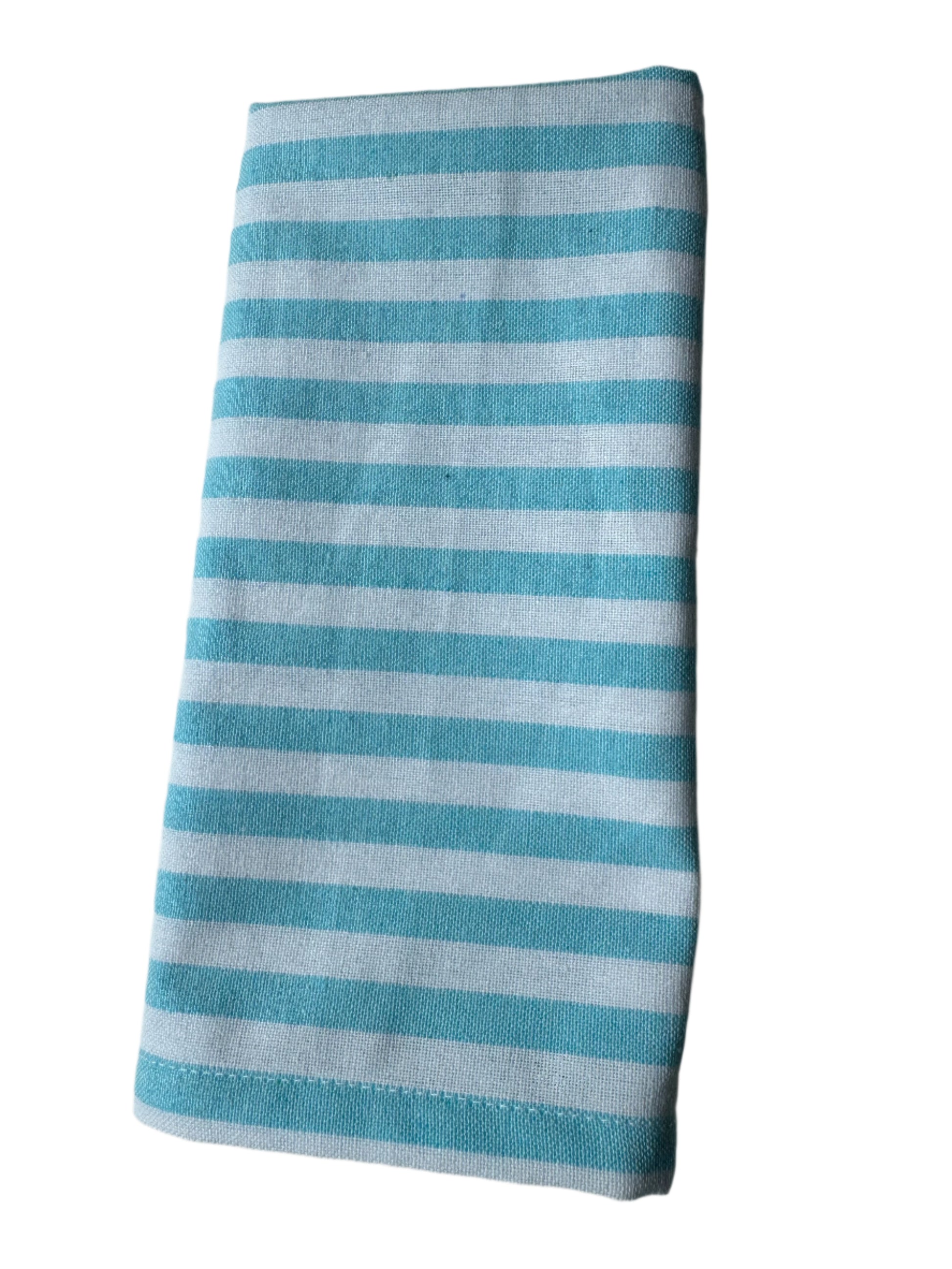 Set of 8 cotton cloth napkins in ocean mist blue and white stripe pattern measuring 18 x 18 inches by Monarch Linens