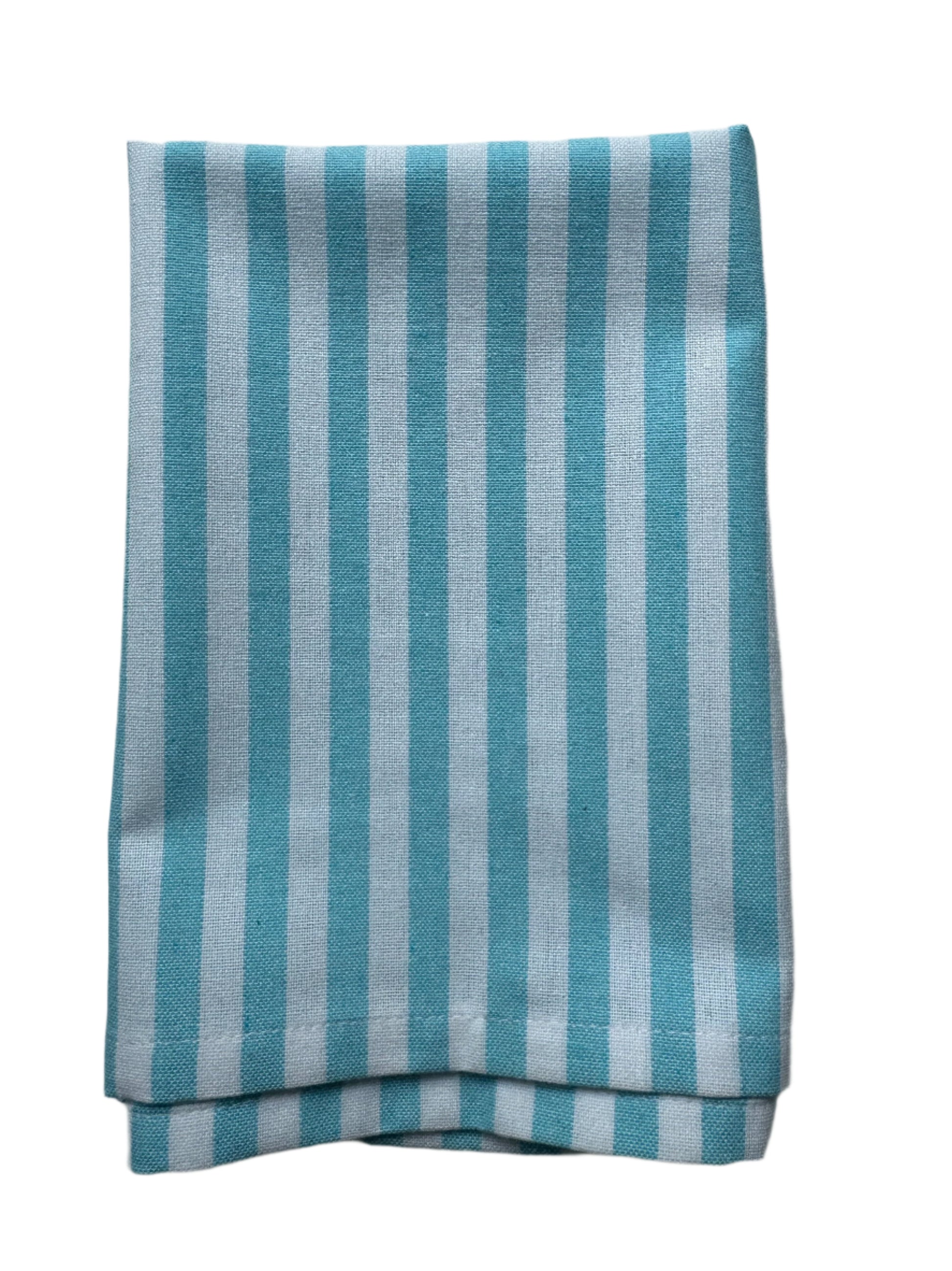 Set of 8 cotton cloth napkins in ocean mist blue and white stripe pattern measuring 18 x 18 inches by Monarch Linens