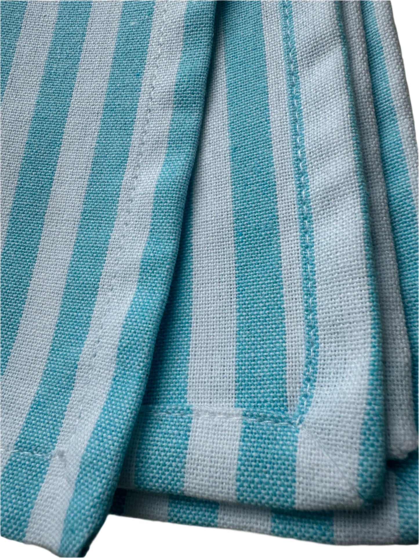 Set of 8 cotton cloth napkins in ocean mist blue and white stripe pattern measuring 18 x 18 inches by Monarch Linens