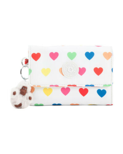 Kipling Pixi AC3739 Medium Organizer Wallet in Wild Hearts White, nylon material, with 8 card slots, bill pocket, zip divider, back slip pocket, and detachable monkey keychain, approx. 7.5" × 4.25" × 1.25".