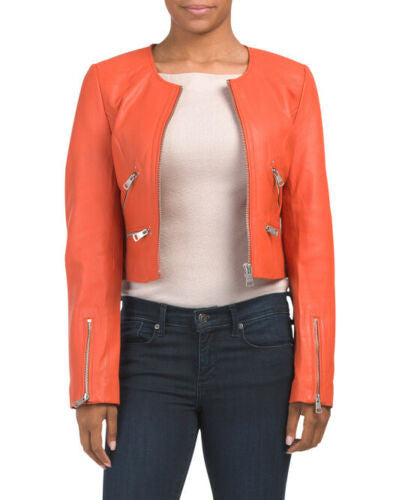 Collarless Cropped Moto Leather Jacket orange BAGATELLE . NYC