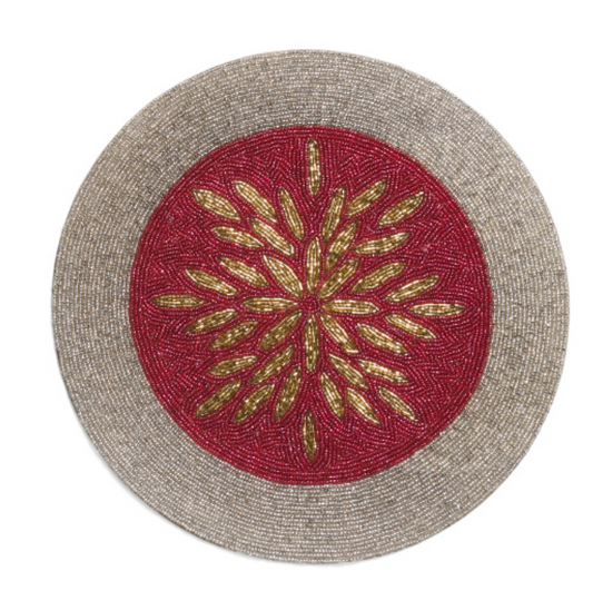 Beaded placemat with a floral pattern in red, gold, and beige tones, 15 inches in diameter