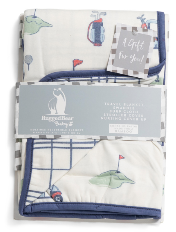 Reversible golf-themed baby blanket by Rugged Bear, folded and packaged
