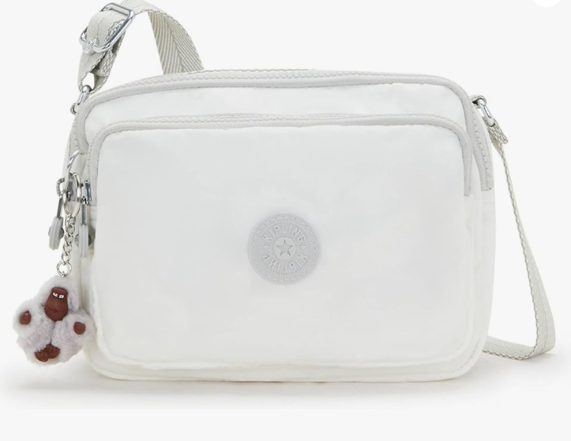 Small white crossbody nylon bag with front zip pocket and plush keychain charm