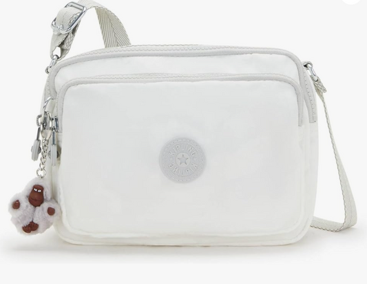 Small white crossbody nylon bag with front zip pocket and plush keychain charm