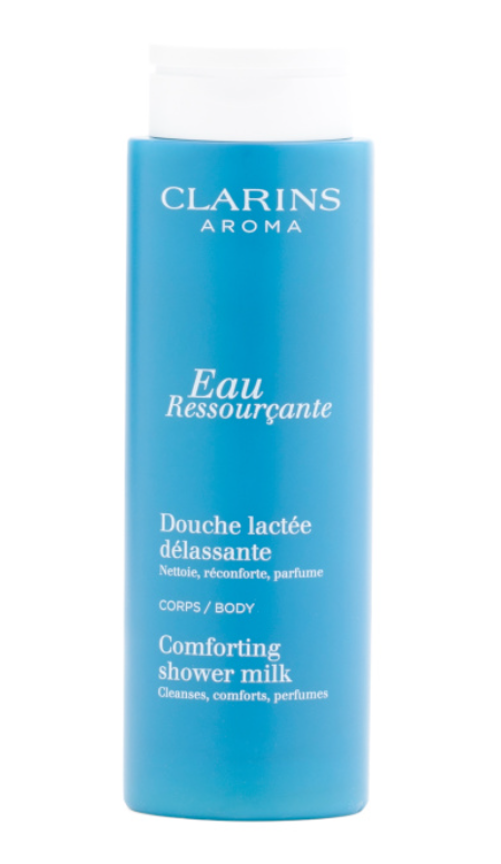 Blue bottle of Clarins Aroma Eau Ressourcante comforting shower milk, 6.7 fl oz.