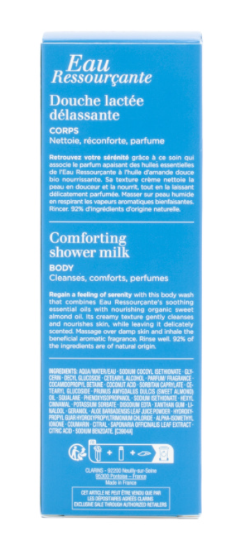 Blue bottle of Clarins Aroma Eau Ressourcante comforting shower milk, 6.7 fl oz.