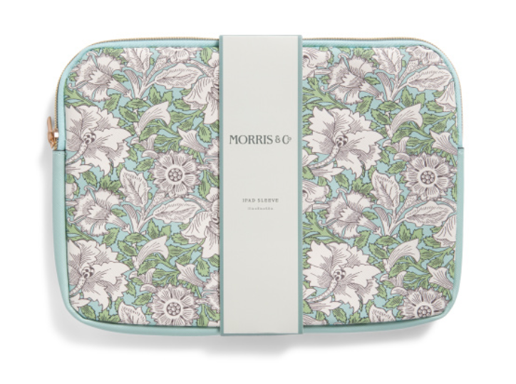 Morris & Co. Poppy floral iPad sleeve with padded design, zip closure, gold-tone hardware, and exterior zip pocket, size 8 x 11 inches