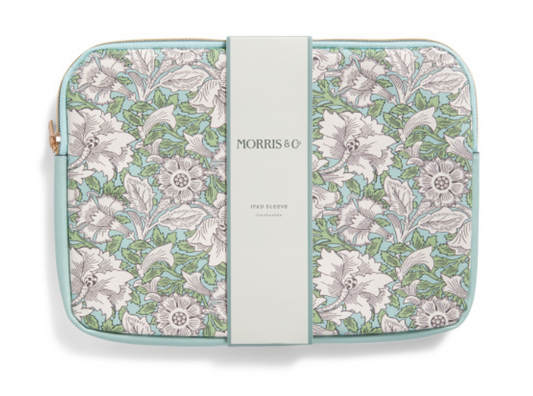 Morris & Co. Poppy floral iPad sleeve with padded design, zip closure, gold-tone hardware, and exterior zip pocket, size 8 x 11 inches