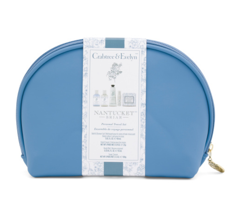 Crabtree & Evelyn Nantucket Briar travel size bath and body set with blue zip cosmetic bag
Back view of blue cosmetic travel bag with Nantucket Briar product information label
Nantucket Briar travel size bath and body products displayed with matching cosmetic bag