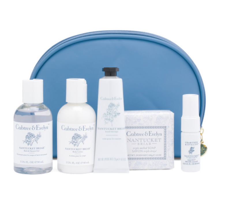 Crabtree & Evelyn Nantucket Briar travel size bath and body set with blue zip cosmetic bag
Back view of blue cosmetic travel bag with Nantucket Briar product information label
Nantucket Briar travel size bath and body products displayed with matching cosmetic bag