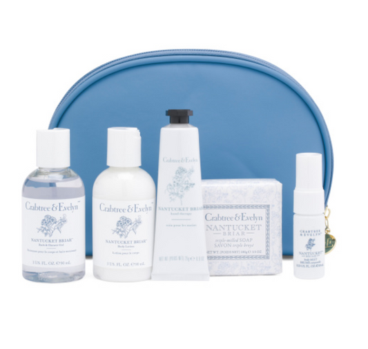 Crabtree & Evelyn Nantucket Briar travel size bath and body set with blue zip cosmetic bag
Back view of blue cosmetic travel bag with Nantucket Briar product information label
Nantucket Briar travel size bath and body products displayed with matching cosmetic bag