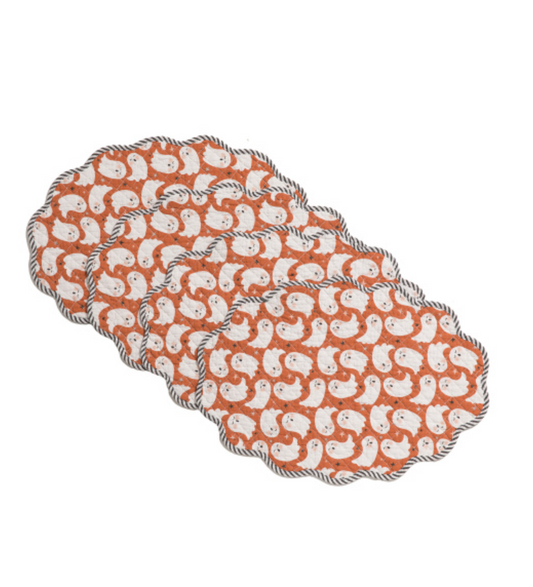 Ghostly Garden reversible Halloween placemats with ghost pattern and striped reverse, quilted cotton placemats set of four, 13 x 18 inches