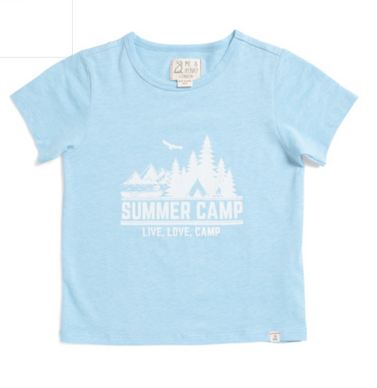 Light blue boys short sleeve t-shirt with summer camp graphic on front and plain back