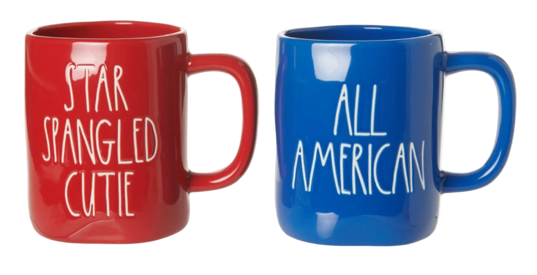 Red and blue ceramic mugs with patriotic text reading All American and Star Spangled Cutie