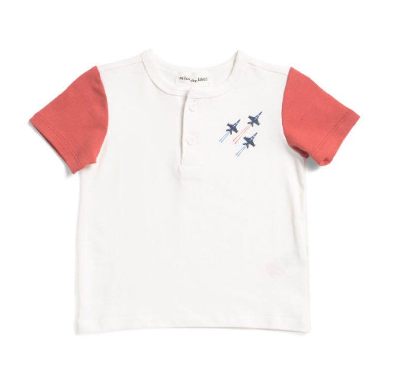 Infant boys cream and red short sleeve henley top with rocket graphic, size 3 months