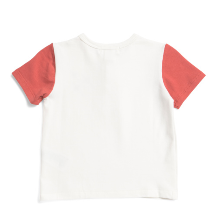 Infant boys cream and red short sleeve henley top with rocket graphic, size 3 months